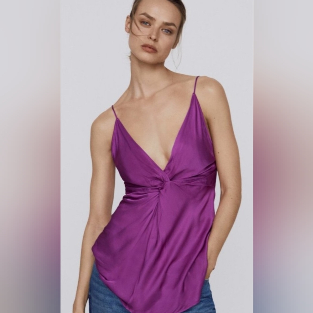Zara Vibrant Purple Camisole Top With Satin Knot Twist Front Size Lg